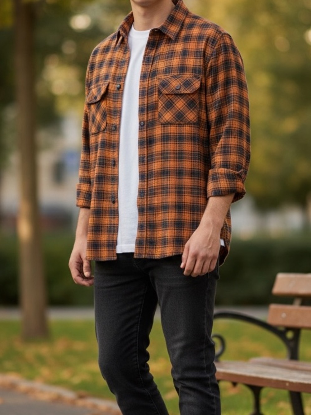 Ocean Coast Men's 100%  Cotton Orange and Navy Plaid Button-Down Shirt